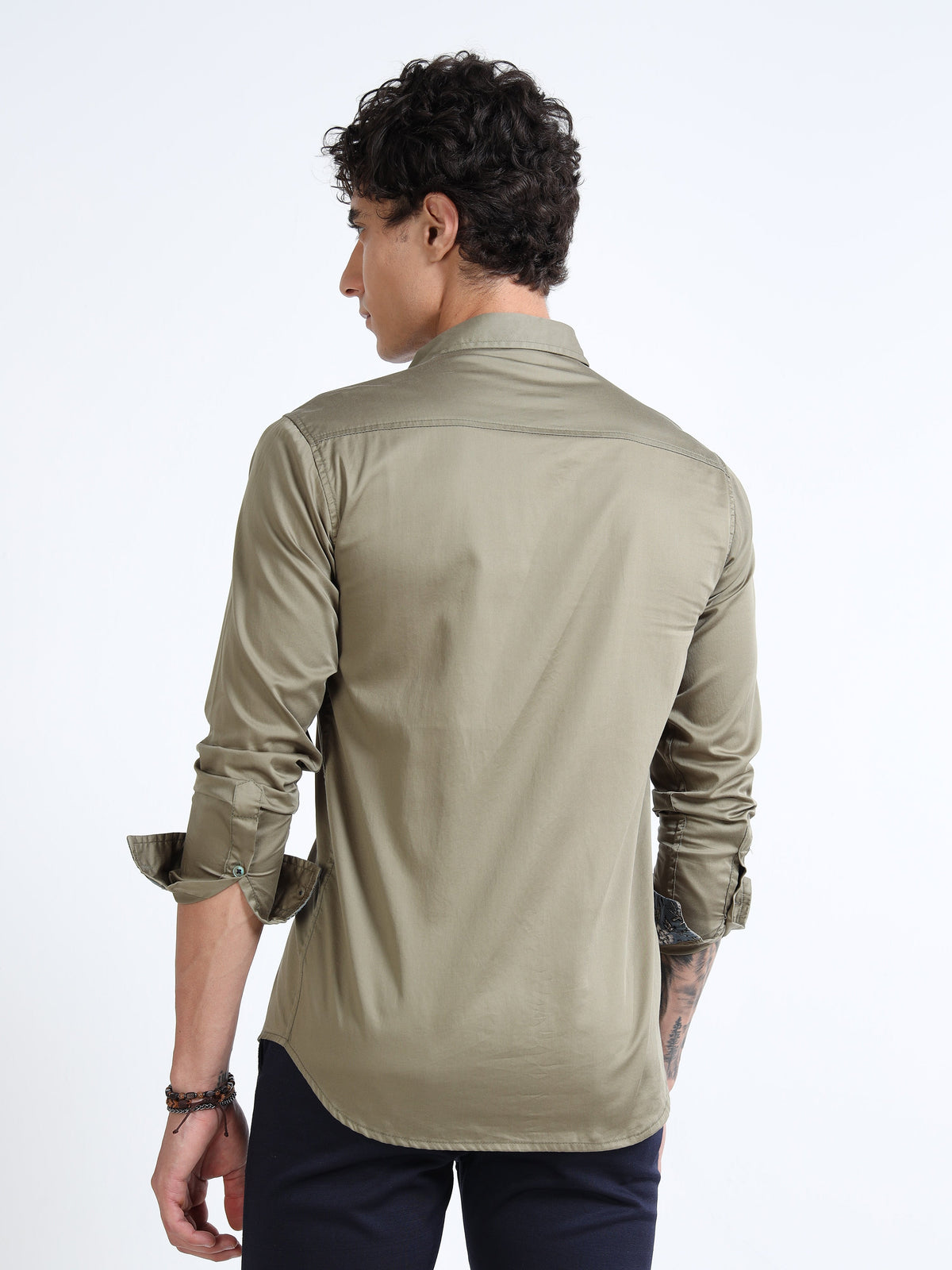 Men’s Olive Green Slim-Fit Shirt with Embroidered Stag Motif