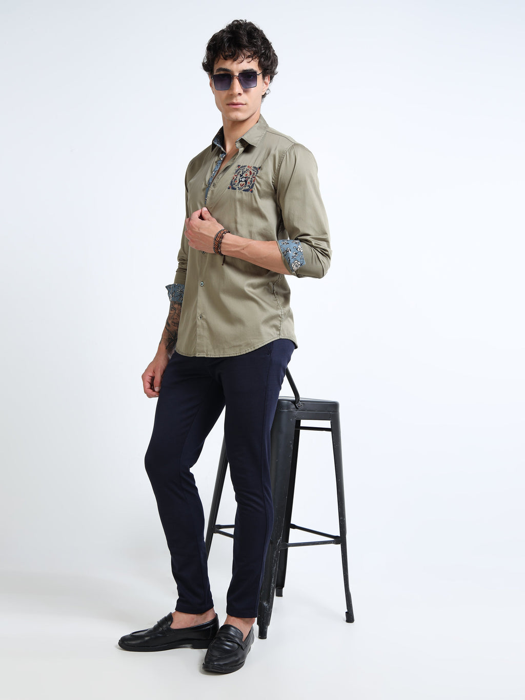 Men’s Olive Green Slim-Fit Shirt with Embroidered Stag Motif