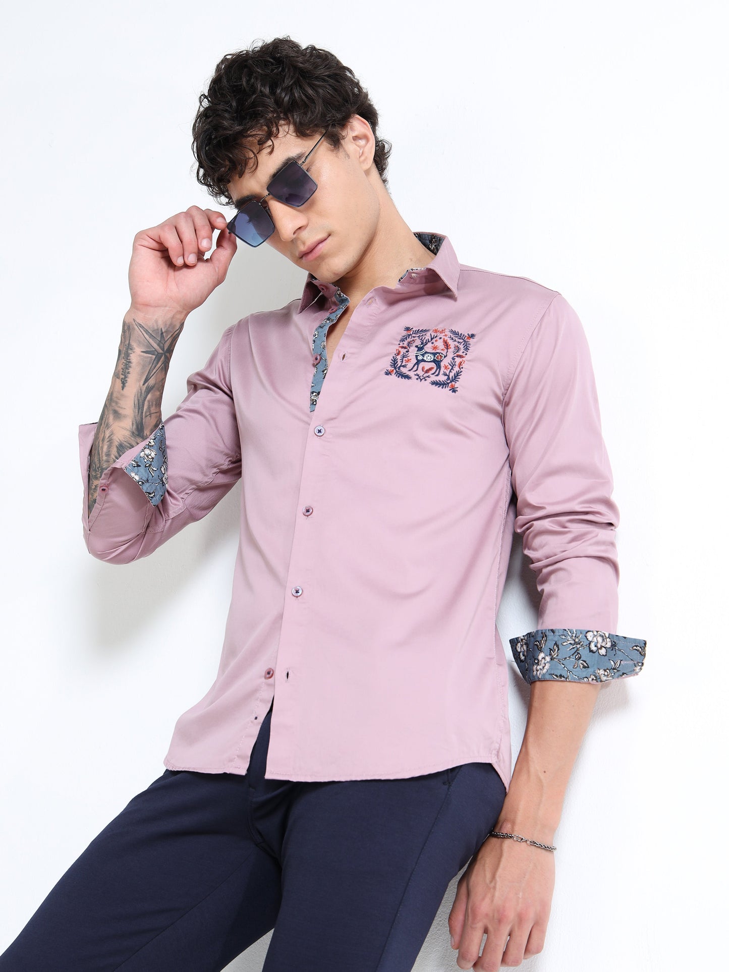 Men’s Mauve Slim-Fit Cotton Shirt with Embroidered Deer Motif