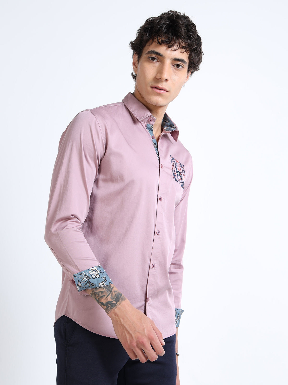Men’s Mauve Slim-Fit Cotton Shirt with Embroidered Deer Motif