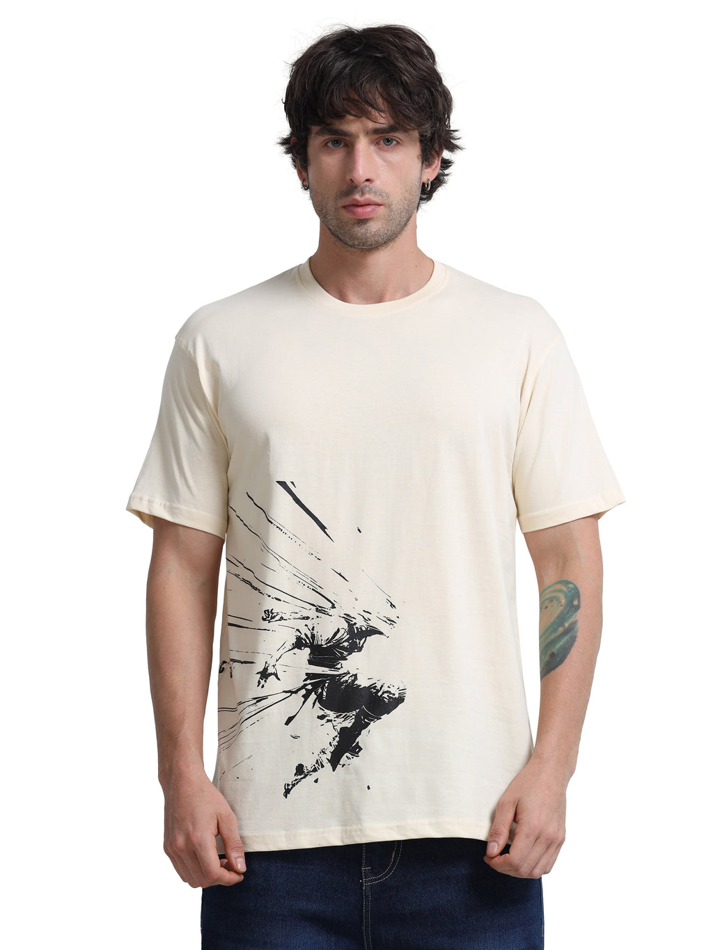 Cream Round Neck T-Shirt - 100% Cotton Bio Wash