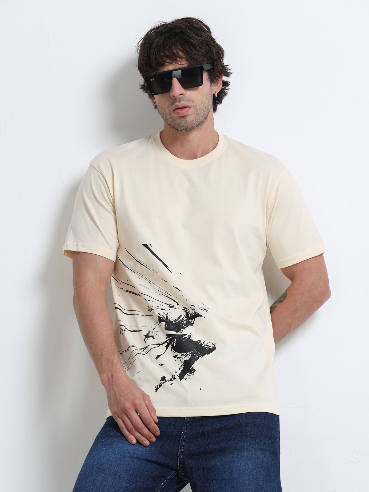 Cream Round Neck T-Shirt - 100% Cotton Bio Wash