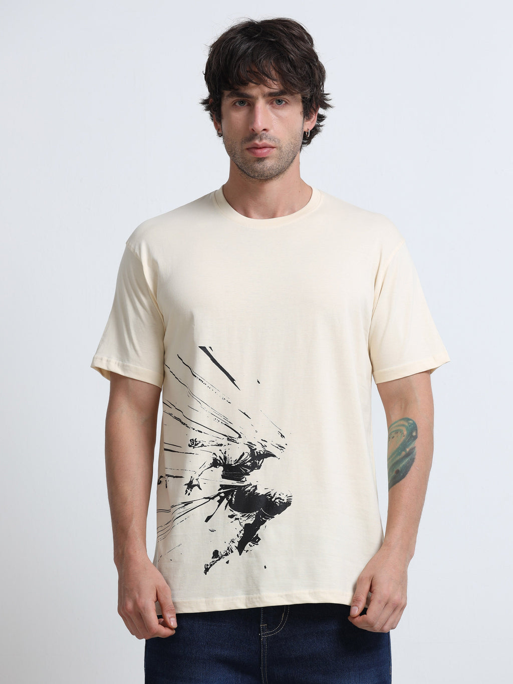Cream Round Neck T-Shirt - 100% Cotton Bio Wash