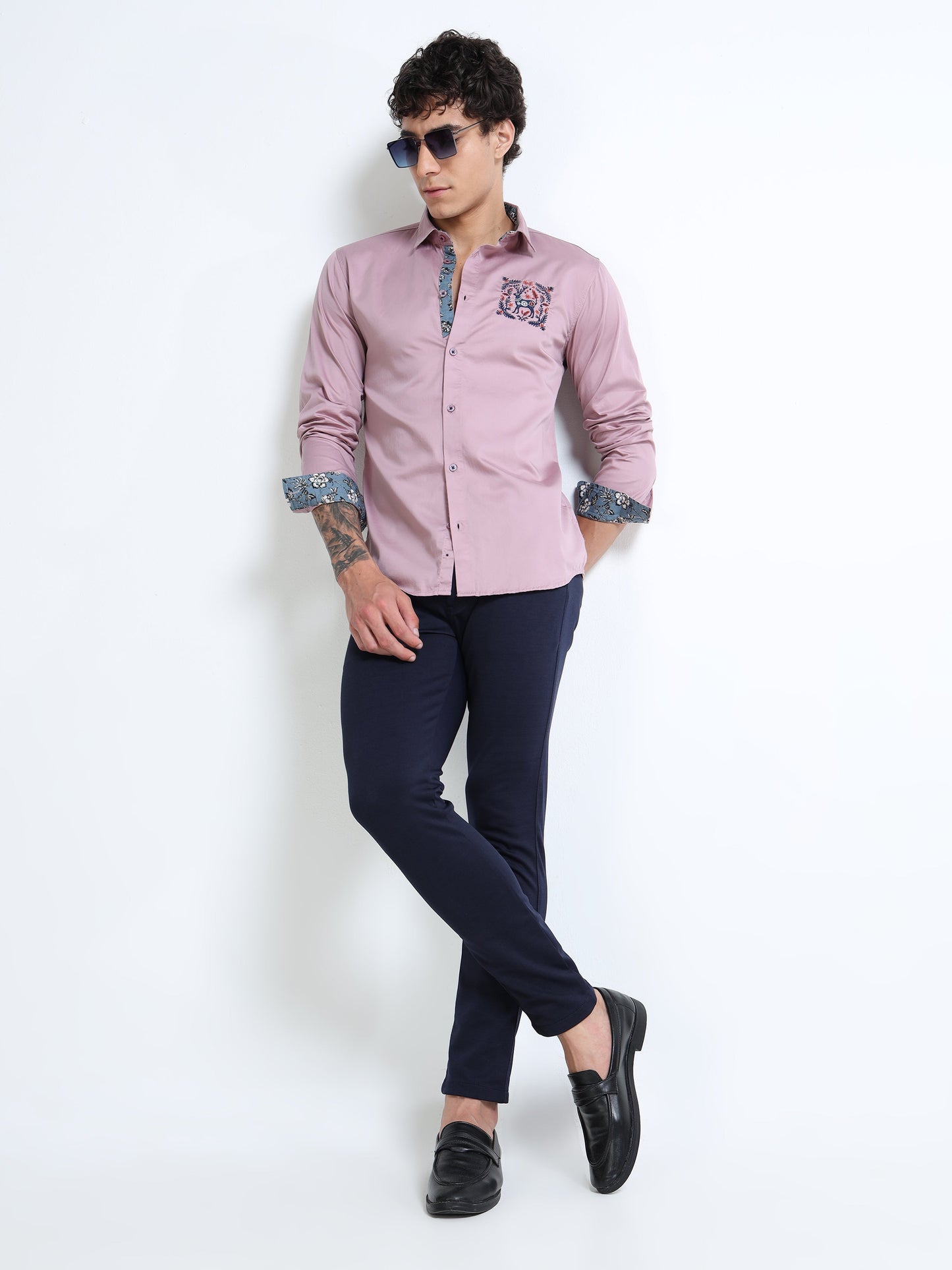 Men’s Mauve Slim-Fit Cotton Shirt with Embroidered Deer Motif