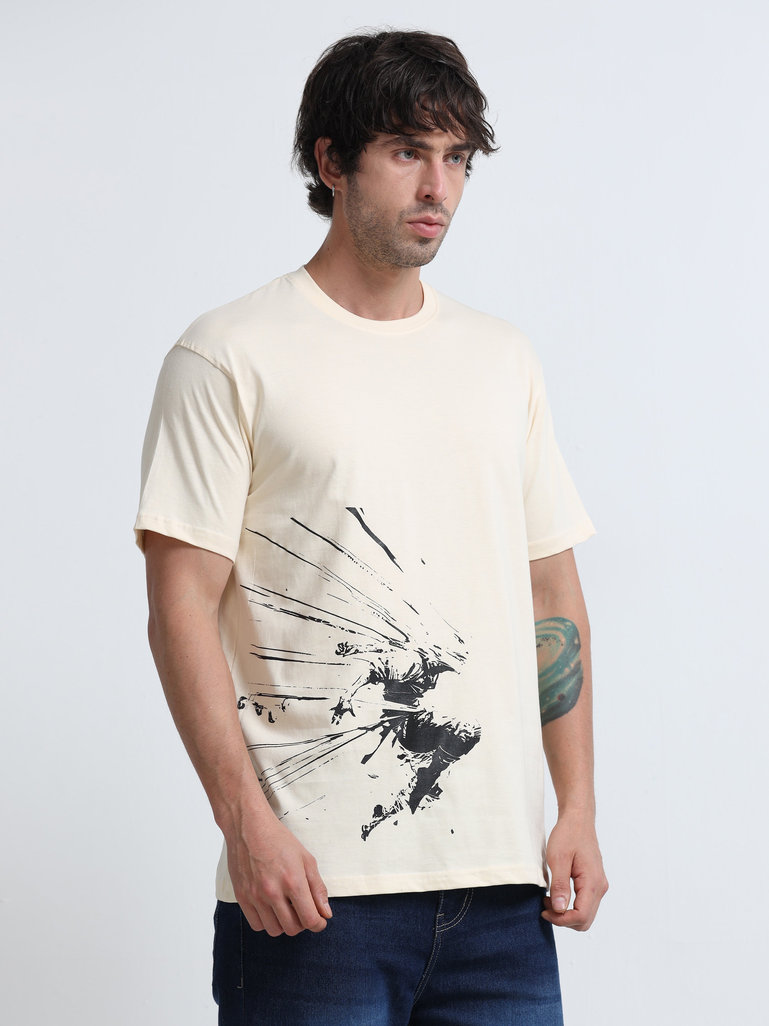 Cream Round Neck T-Shirt - 100% Cotton Bio Wash