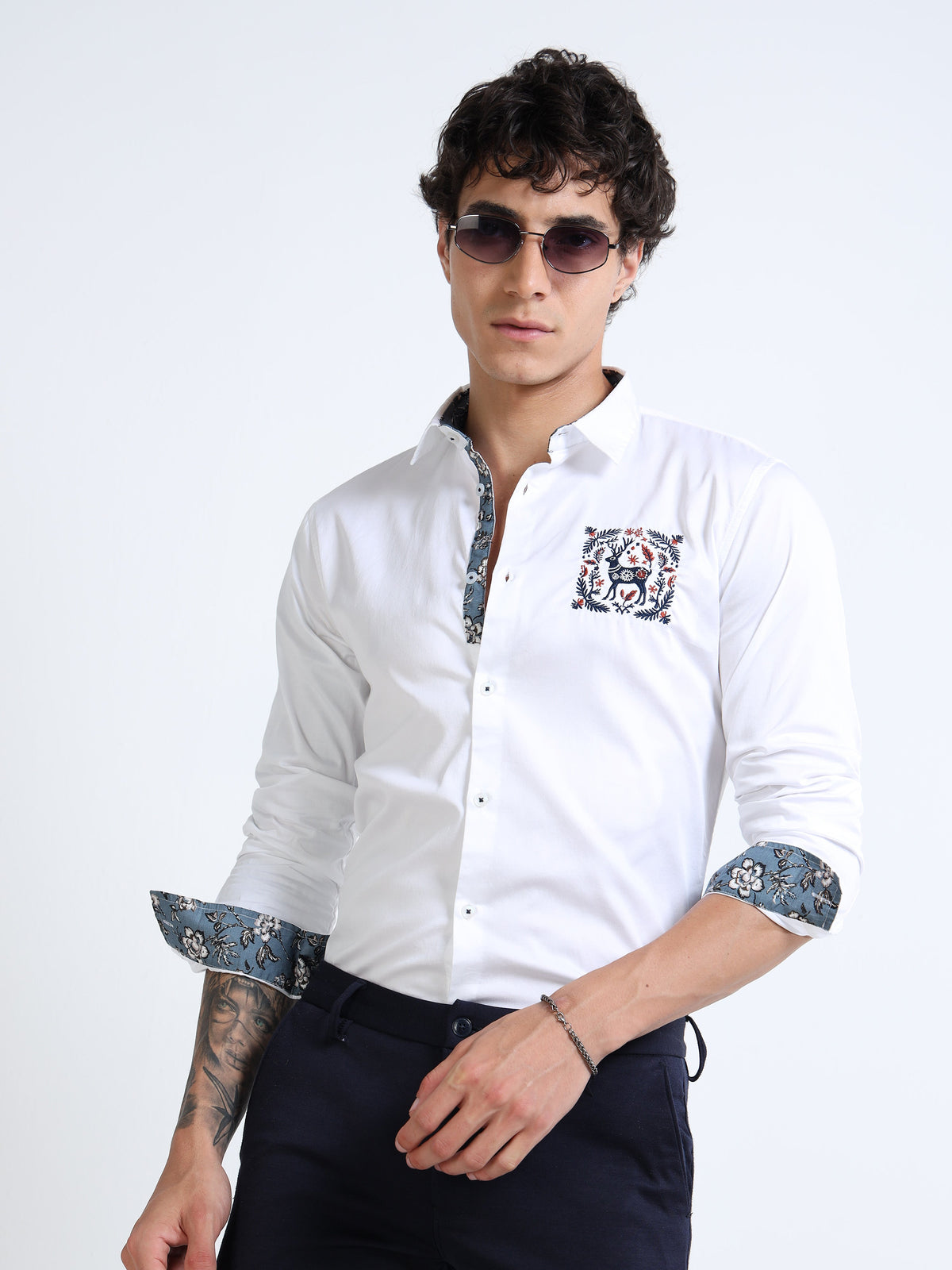 White Slim Fit Shirt with Embroidered Detail & Contrast Floral Accents