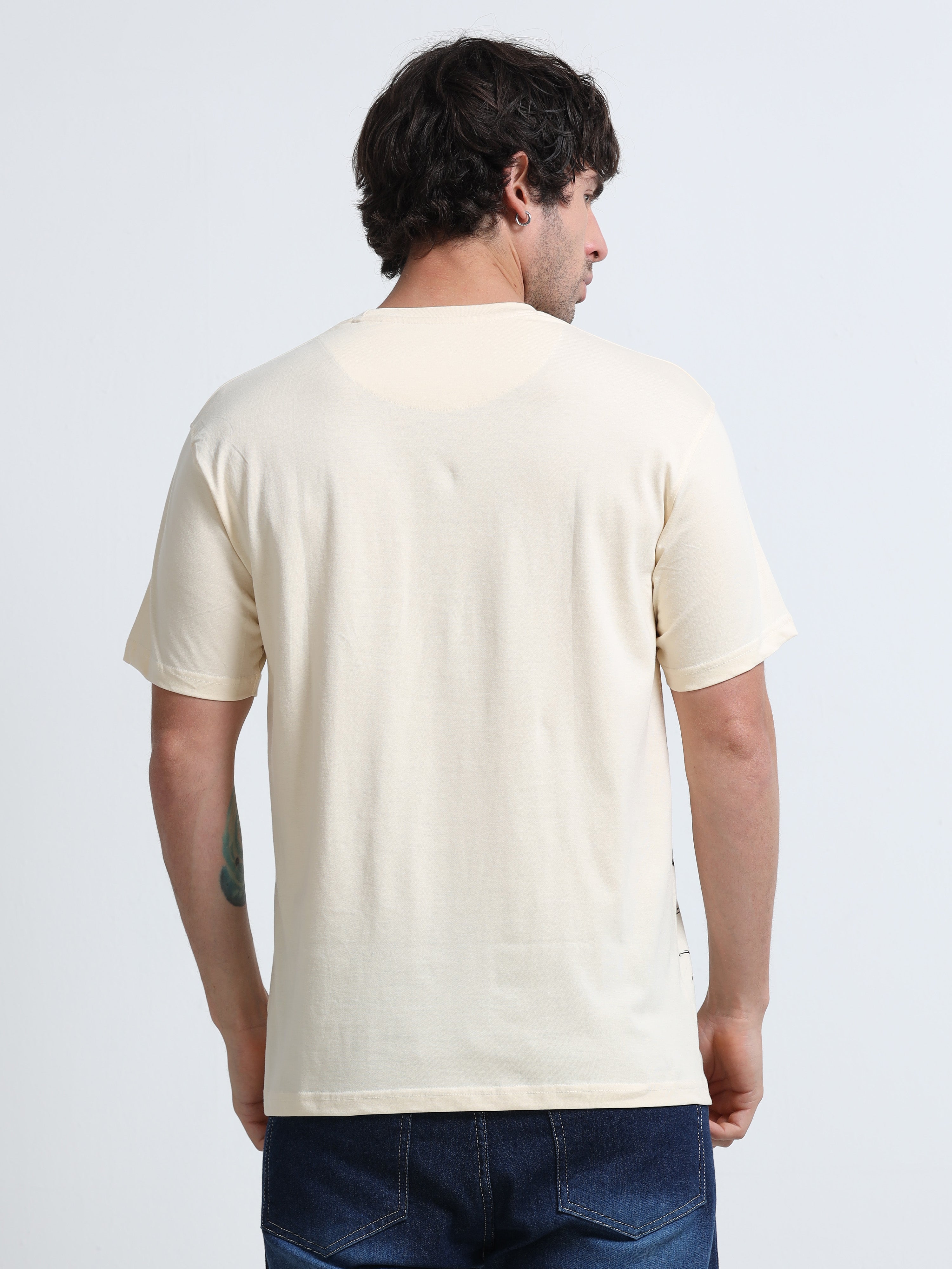 Cream Round Neck T-Shirt - 100% Cotton Bio Wash