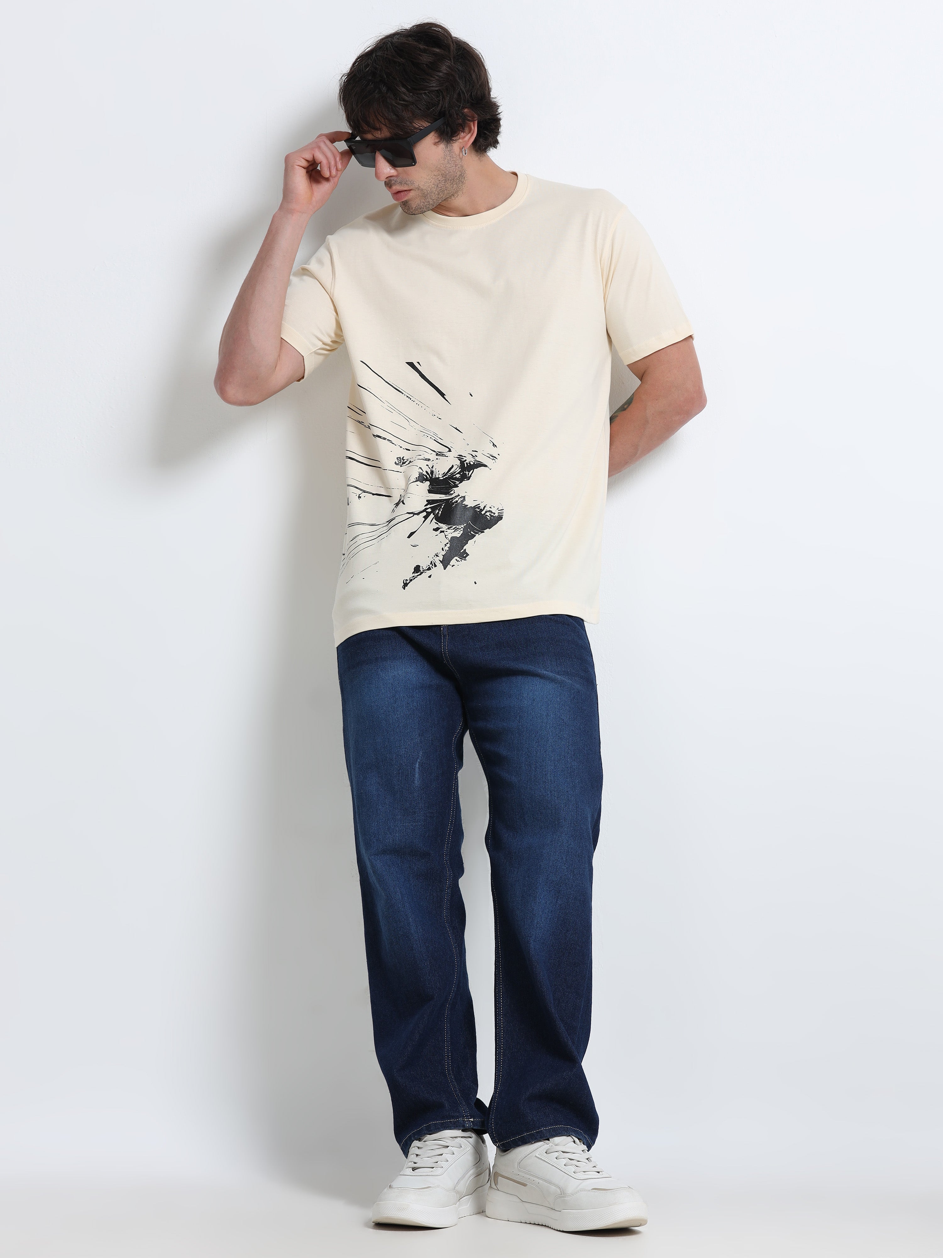 Cream Round Neck T-Shirt - 100% Cotton Bio Wash