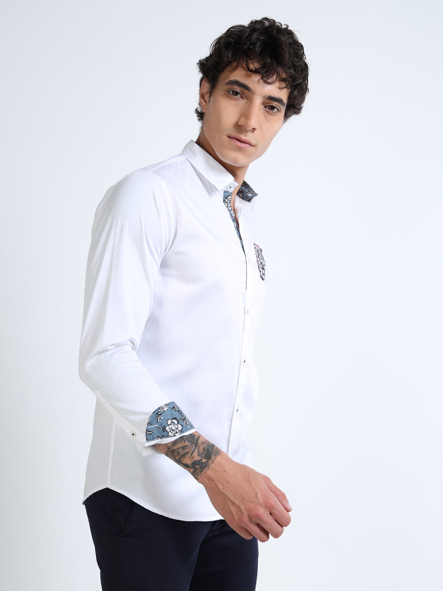 White Slim Fit Shirt with Embroidered Detail & Contrast Floral Accents