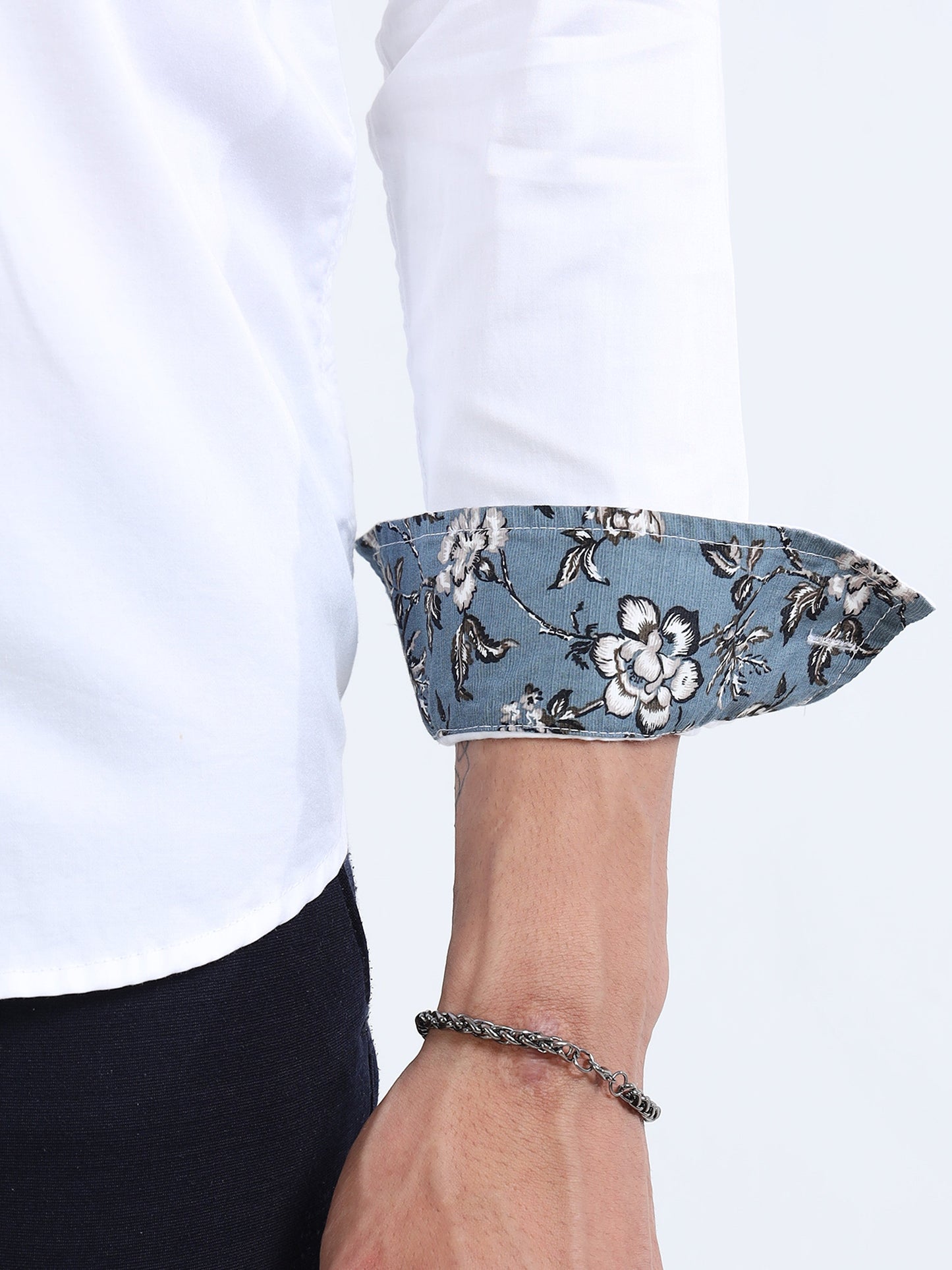 White Slim Fit Shirt with Embroidered Detail & Contrast Floral Accents