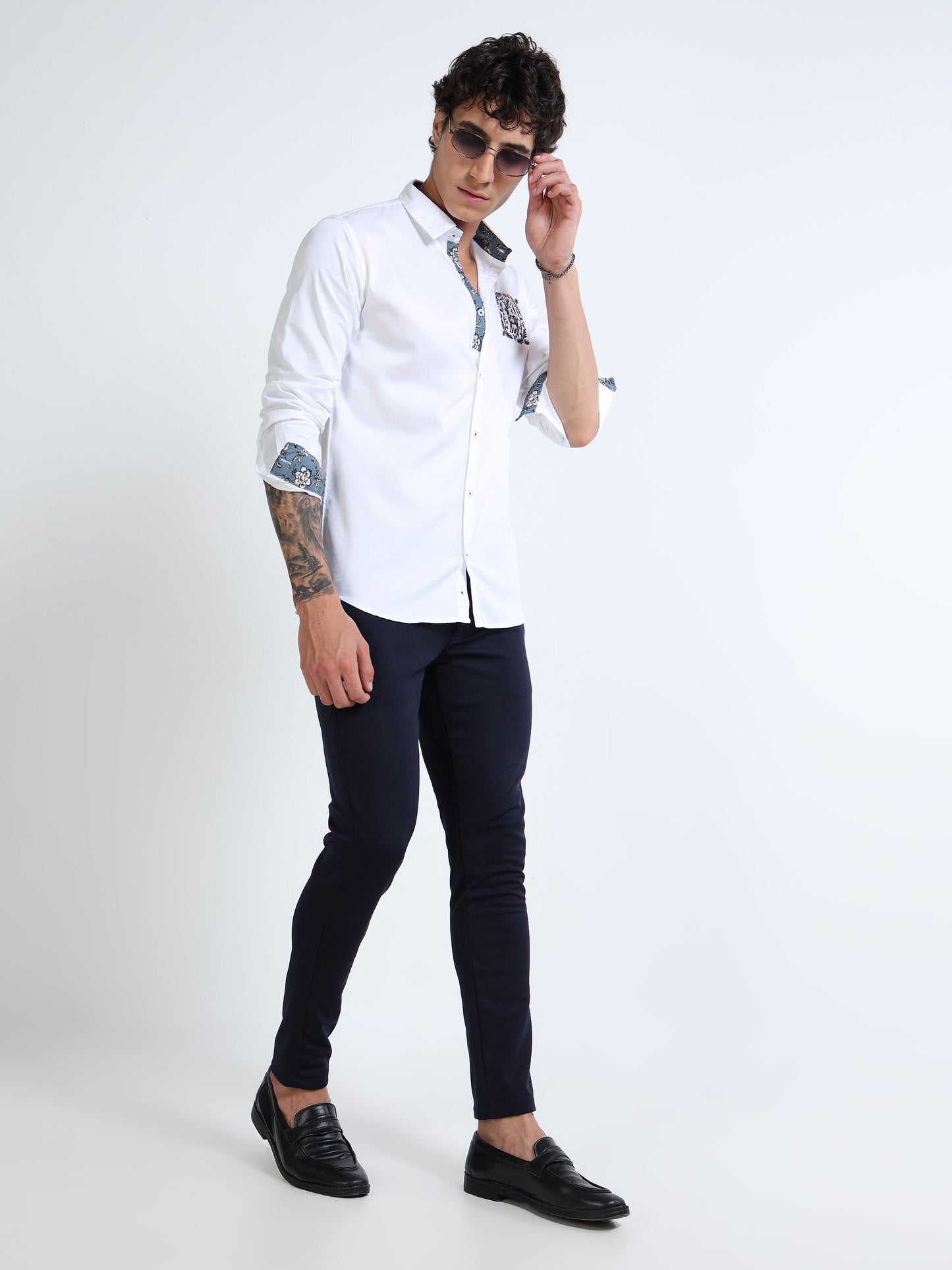 White Slim Fit Shirt with Embroidered Detail & Contrast Floral Accents