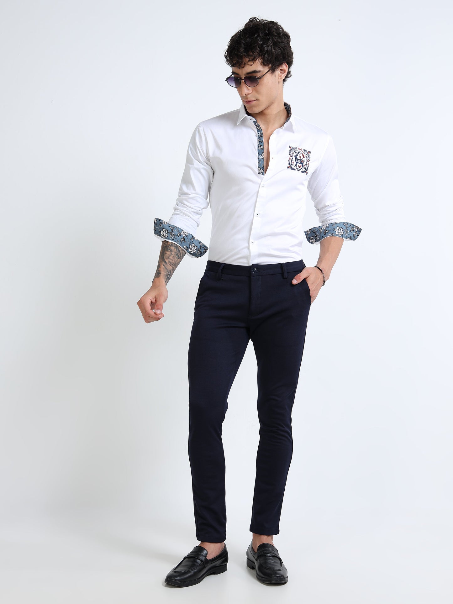 White Slim Fit Shirt with Embroidered Detail & Contrast Floral Accents