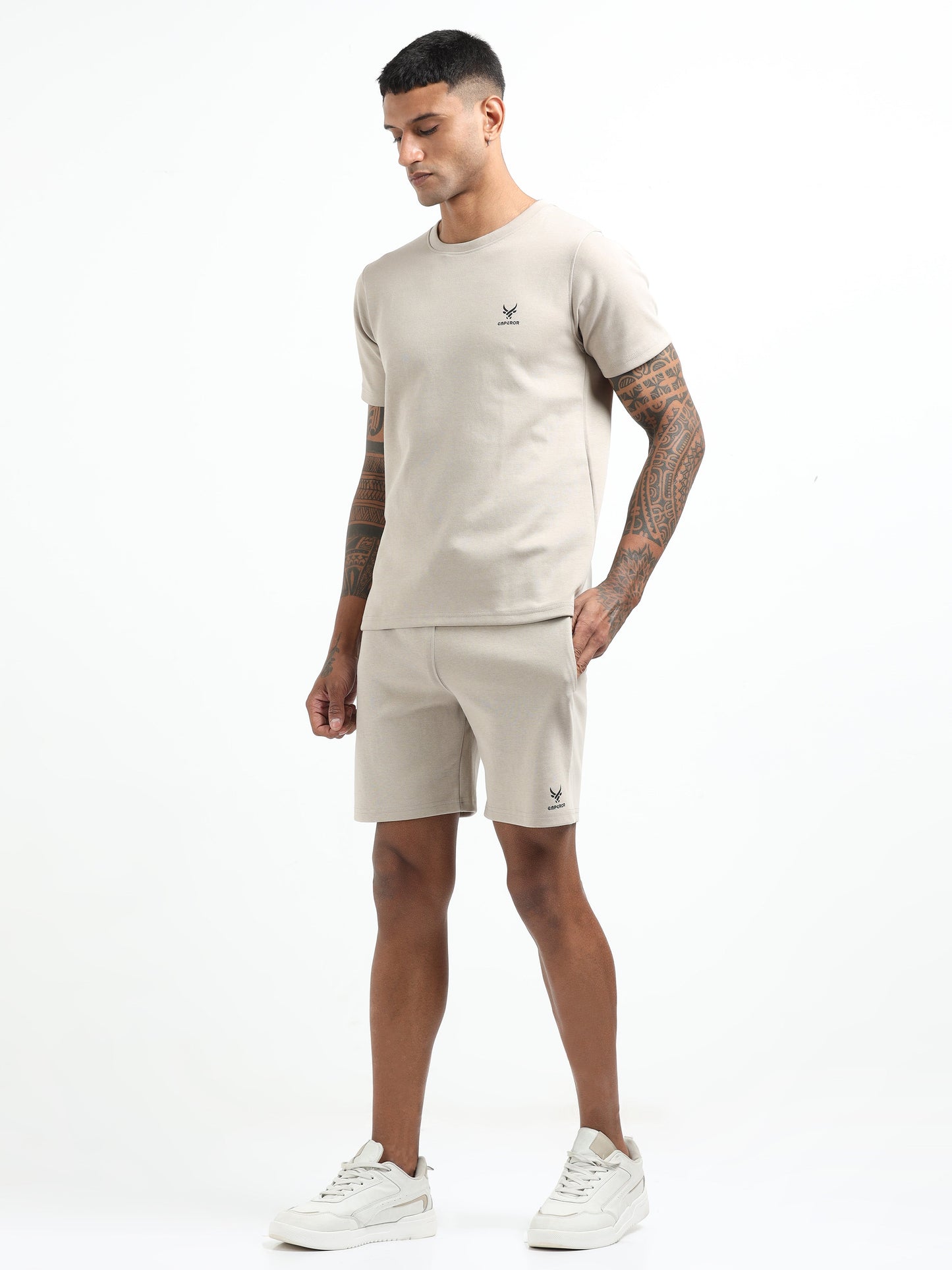 Men’s Beige Co-ord Set – Short Sleeve T-Shirt & Shorts | Minimal Casual Wear for Daily Comfort