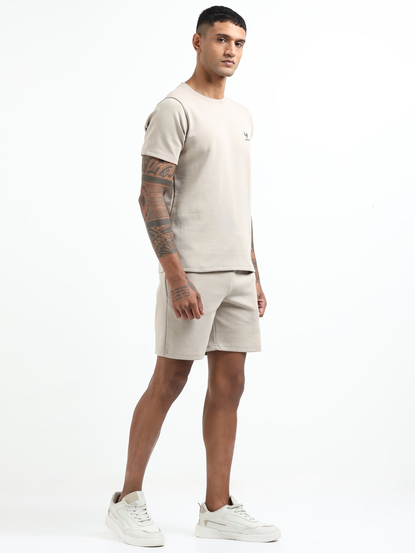 Men’s Beige Co-ord Set – Short Sleeve T-Shirt & Shorts | Minimal Casual Wear for Daily Comfort