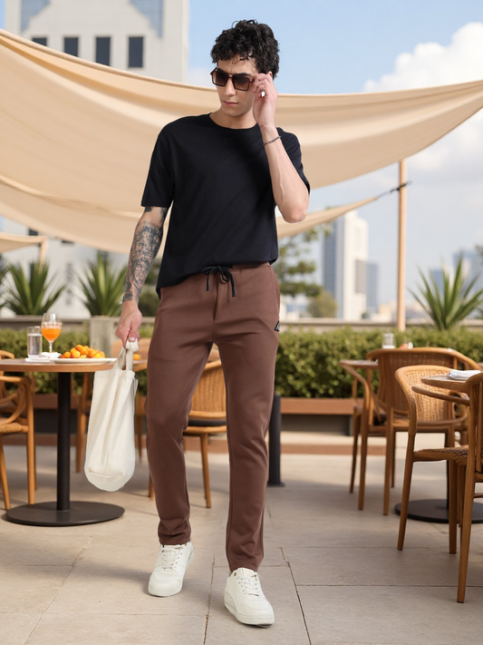 Men’s Coffee Brown Slim Fit Joggers with Adjustable Drawstring Waist & Utility Pockets