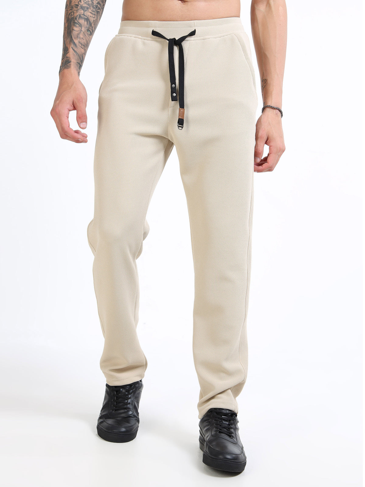 Men’s Beige Slim Fit Joggers with Adjustable Drawstring Waist & Side Pockets