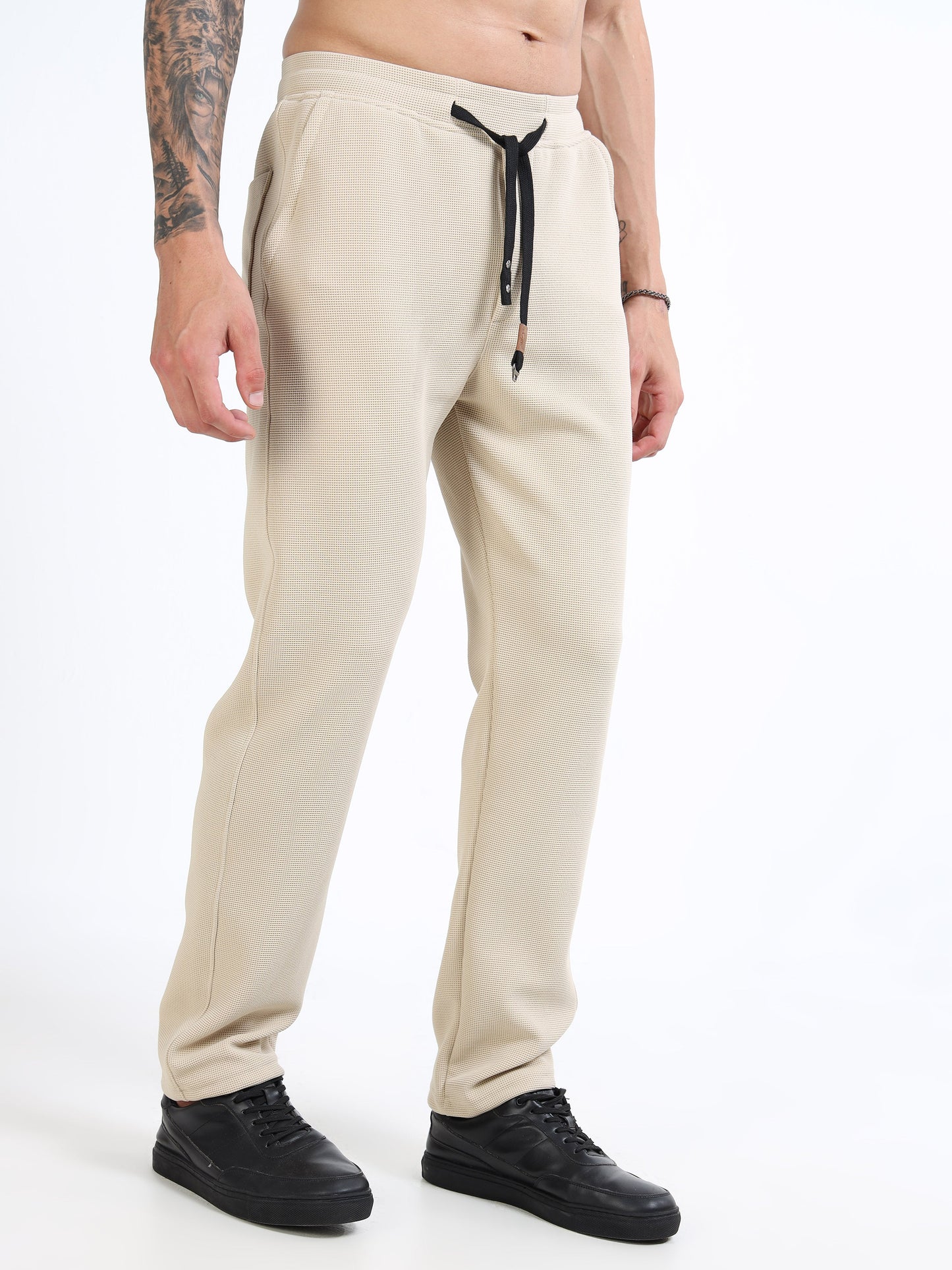 Men’s Beige Slim Fit Joggers with Adjustable Drawstring Waist & Side Pockets
