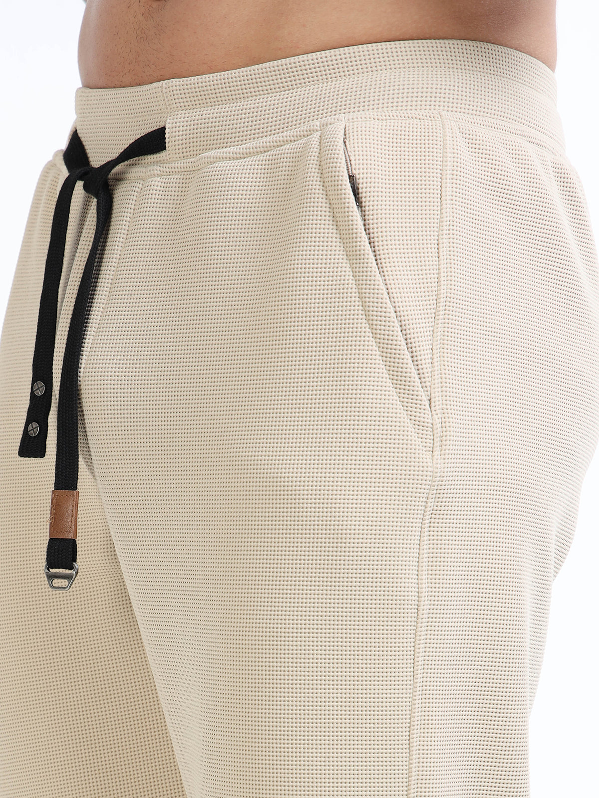 Men’s Beige Slim Fit Joggers with Adjustable Drawstring Waist & Side Pockets