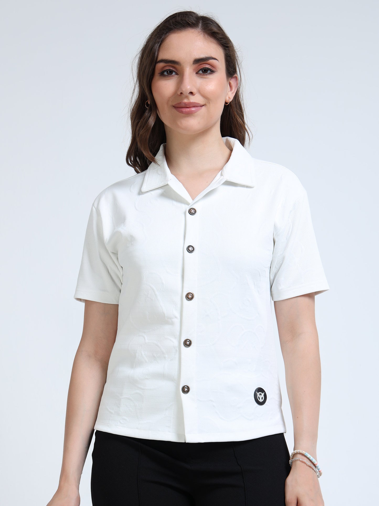 Women’s White Textured Button-Down Shirt – Short Sleeve Collared Top