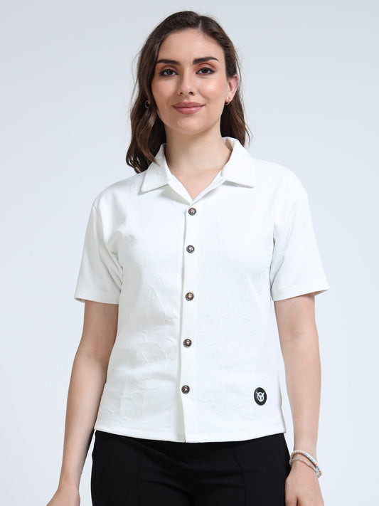 Women’s White Textured Button-Down Shirt – Short Sleeve Collared Top