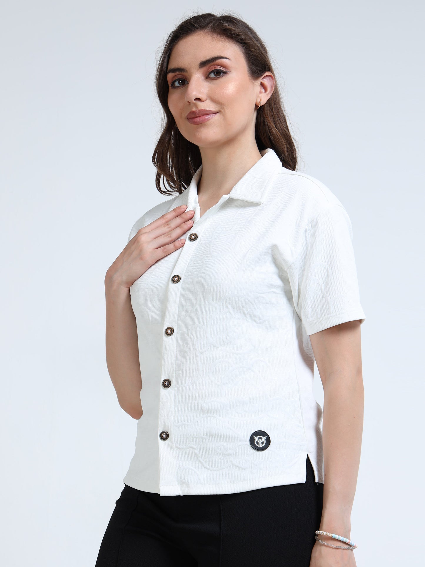 Women’s White Textured Button-Down Shirt – Short Sleeve Collared Top