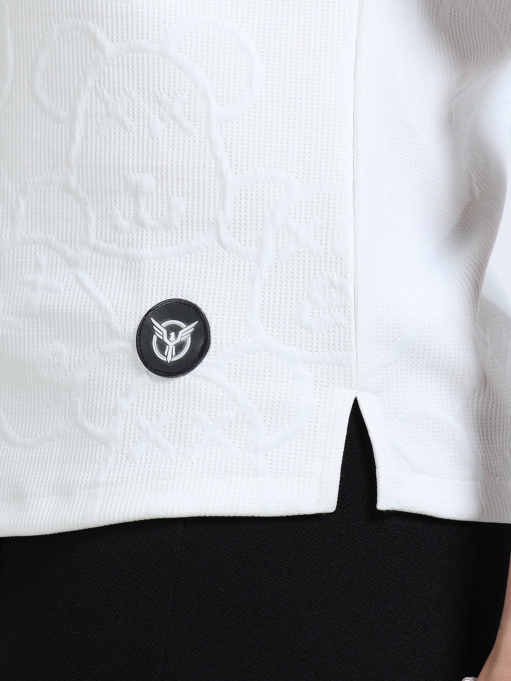 Women’s White Textured Button-Down Shirt – Short Sleeve Collared Top