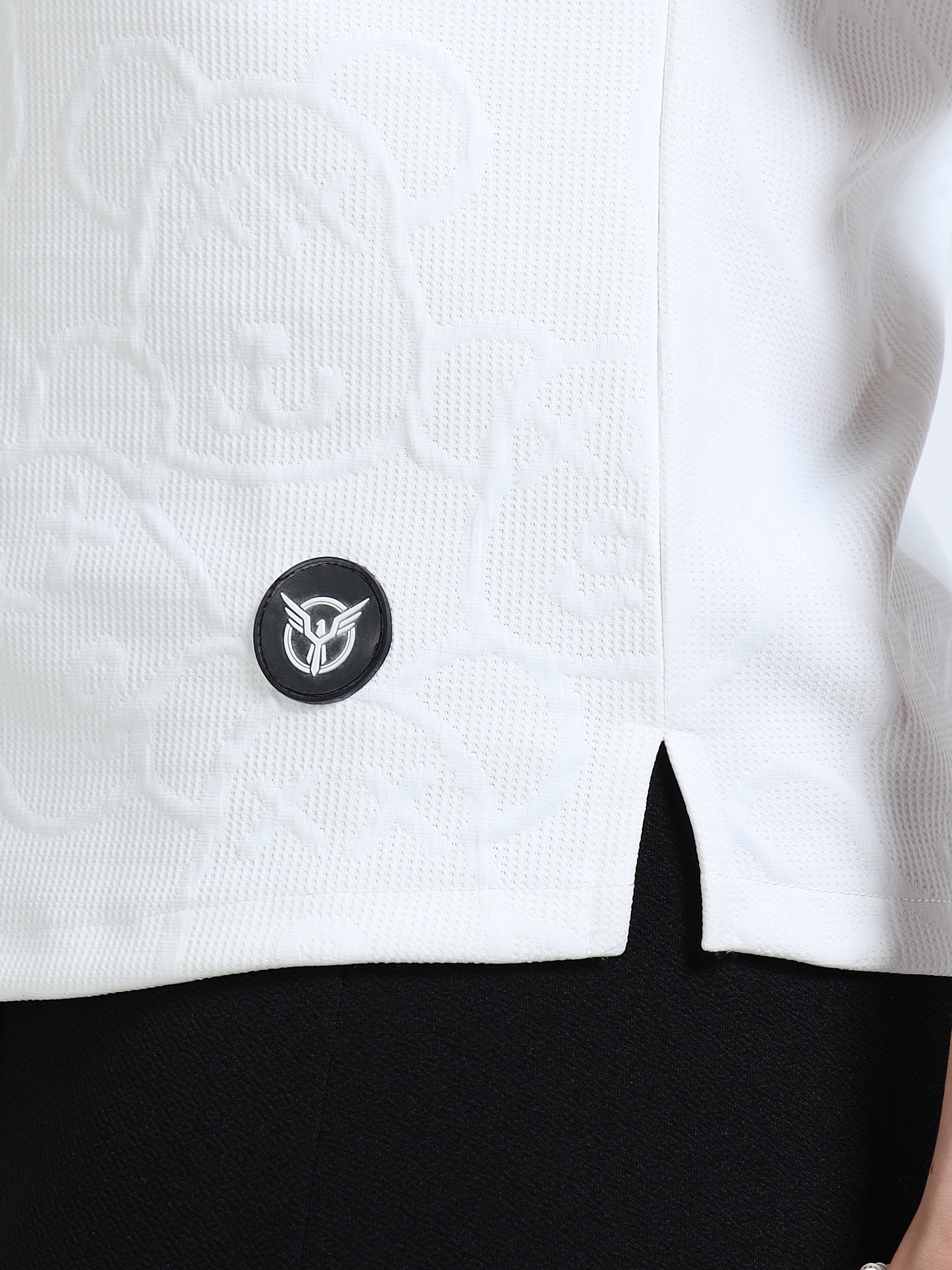 Women’s White Textured Button-Down Shirt – Short Sleeve Collared Top