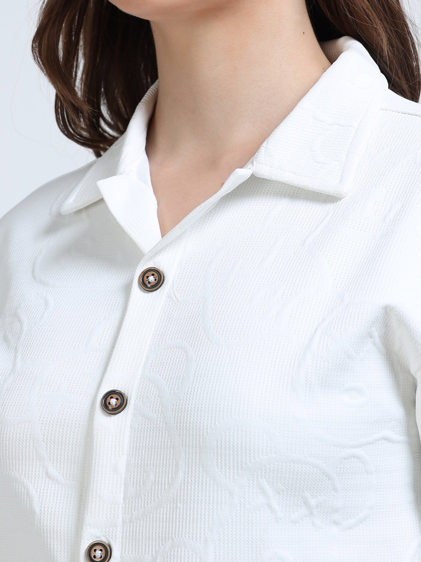 Women’s White Textured Button-Down Shirt – Short Sleeve Collared Top
