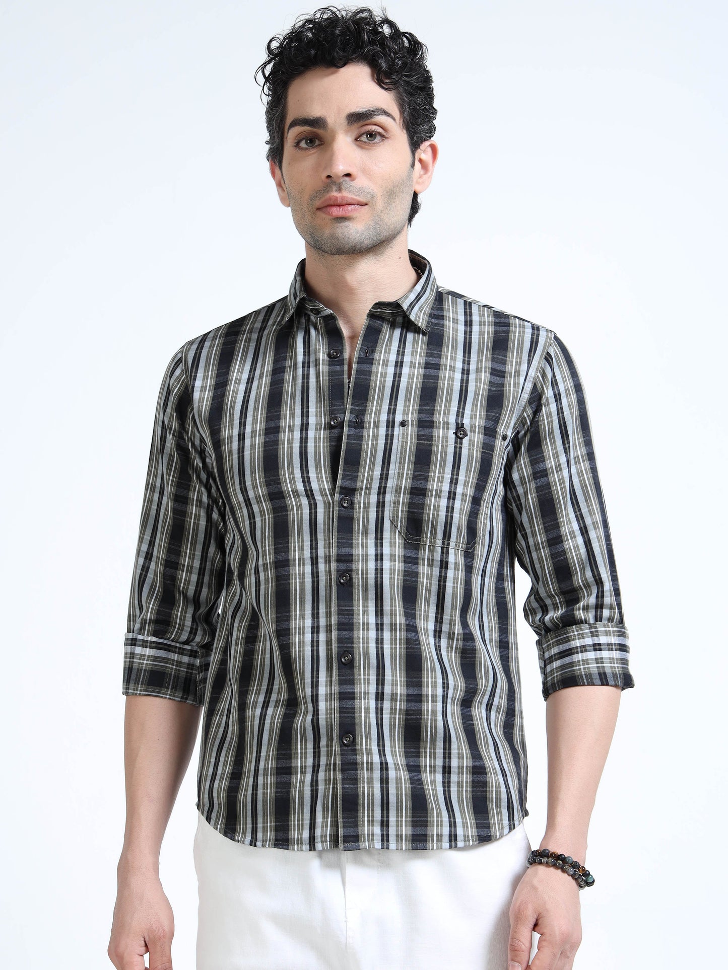 Men’s Grey & Black Check Cotton Linen Shirt