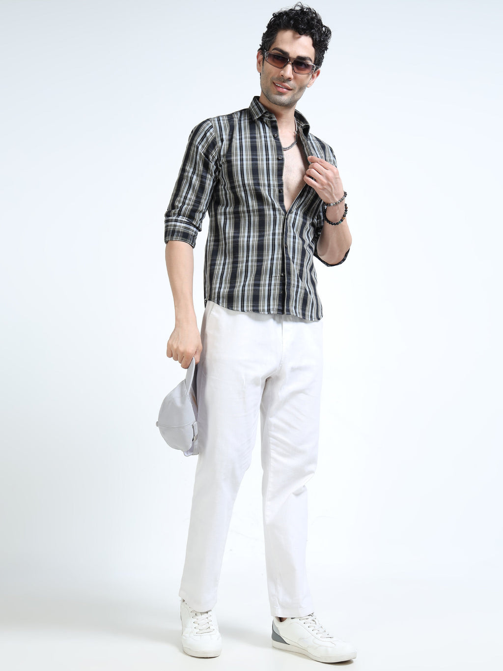 Men’s Grey & Black Check Cotton Linen Shirt