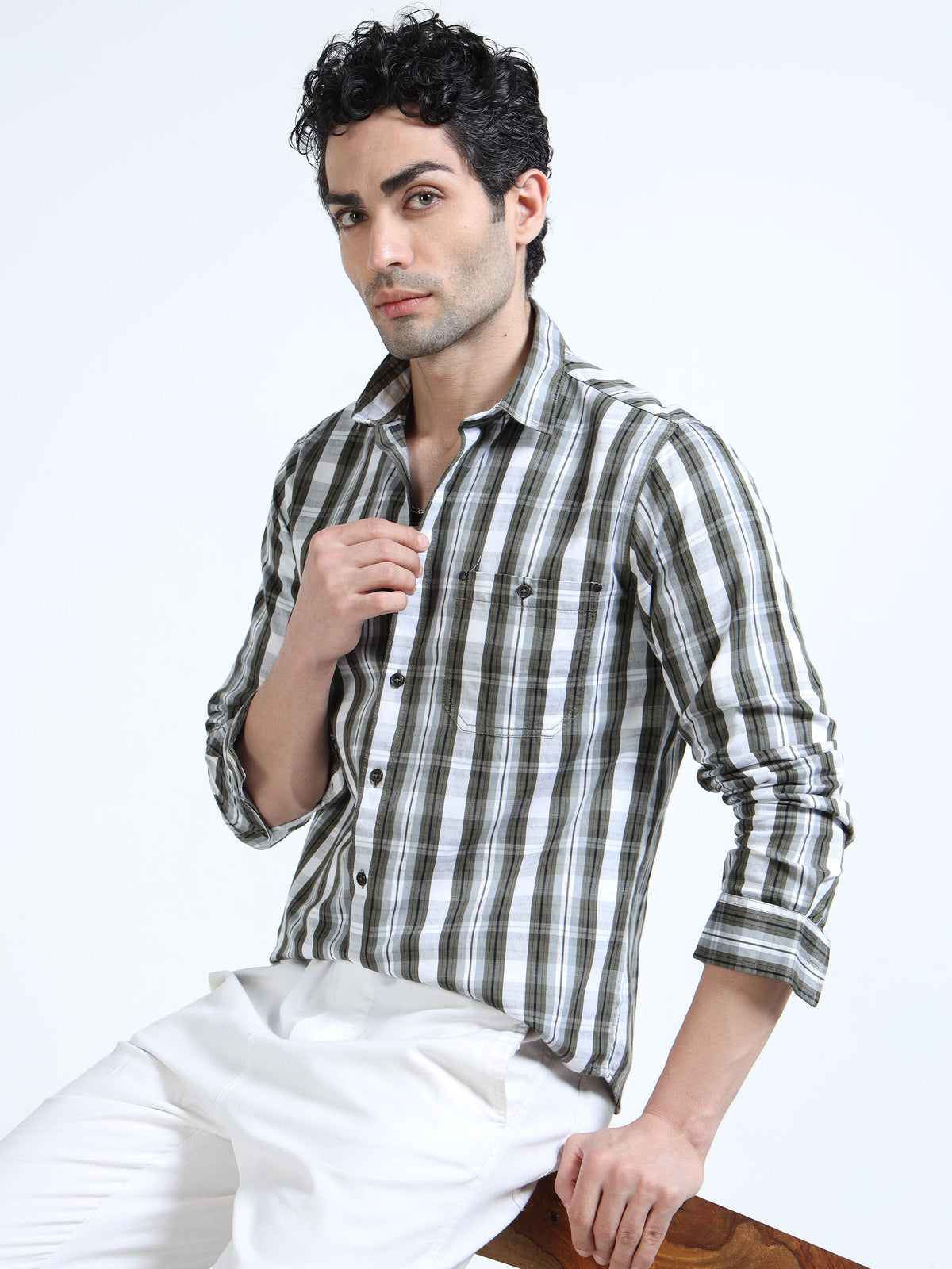 Men’s Olive & White Textured Check Cotton Linen Shirt