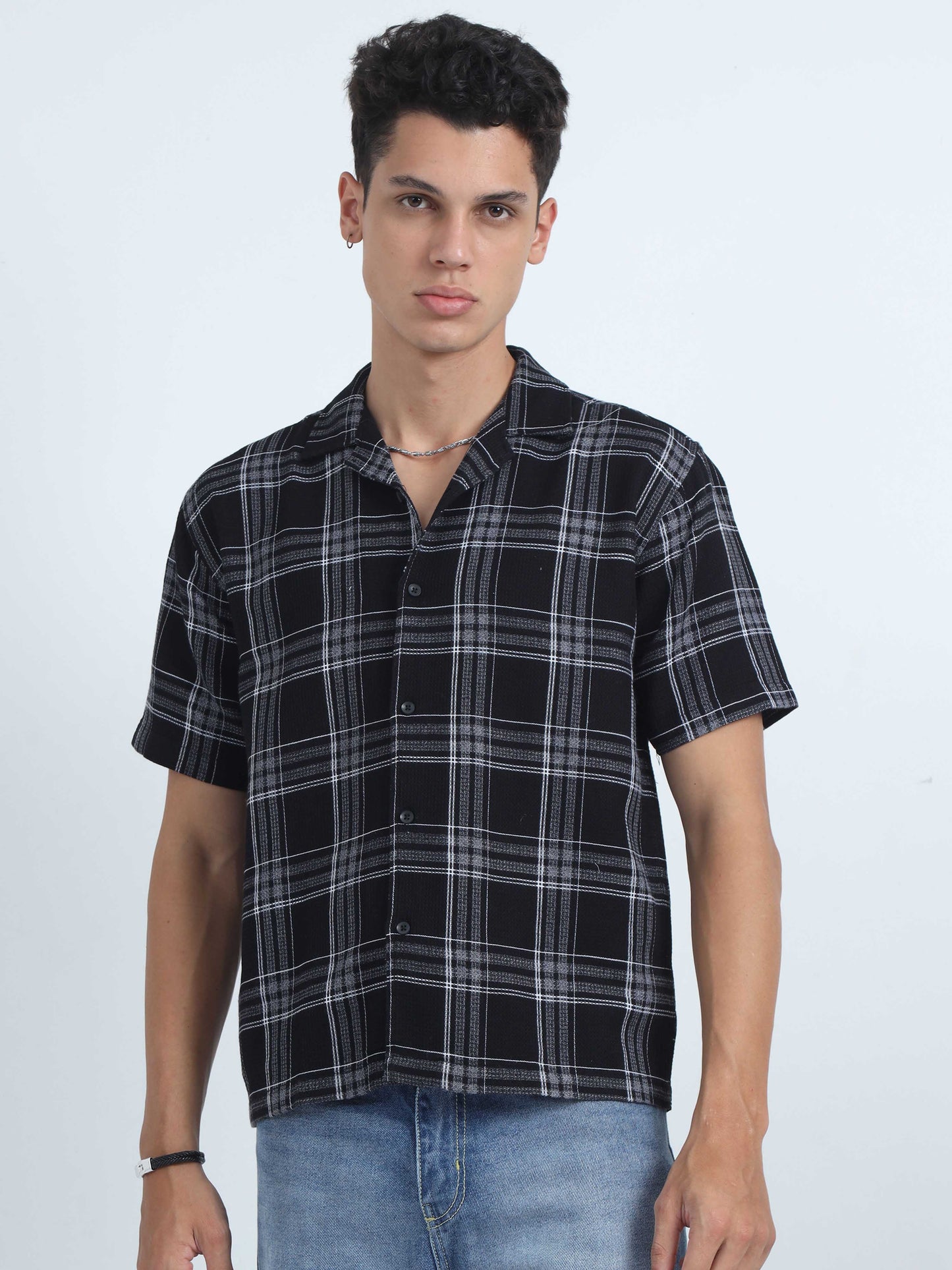 Men Checks Jacquard Oversized Shirt-Black