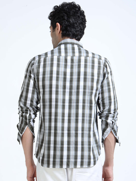 Men’s Olive & White Textured Check Cotton Linen Shirt