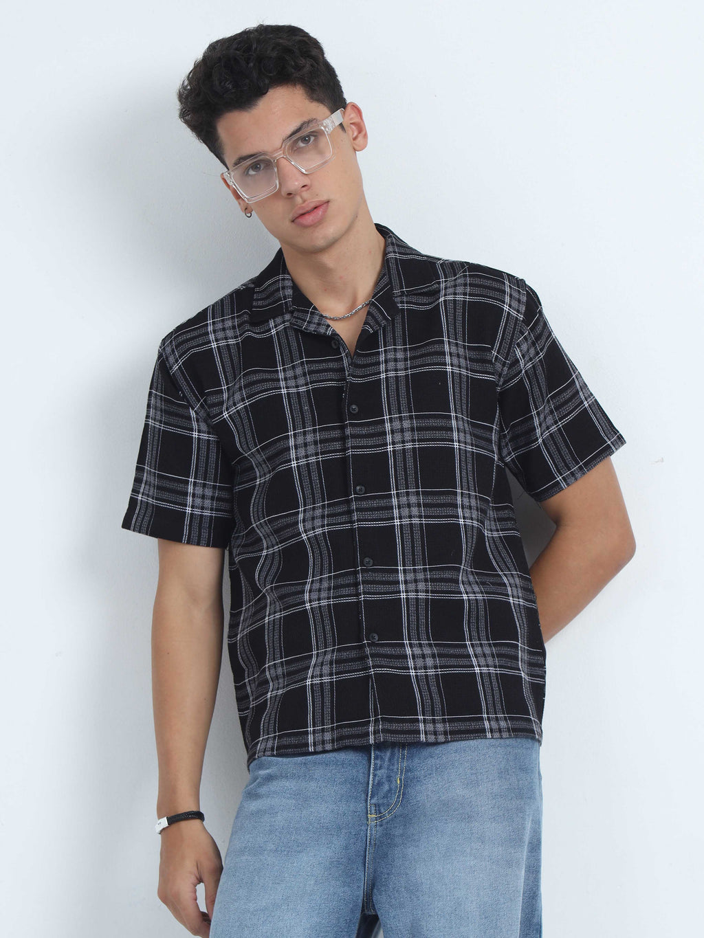 Men Checks Jacquard Oversized Shirt-Black