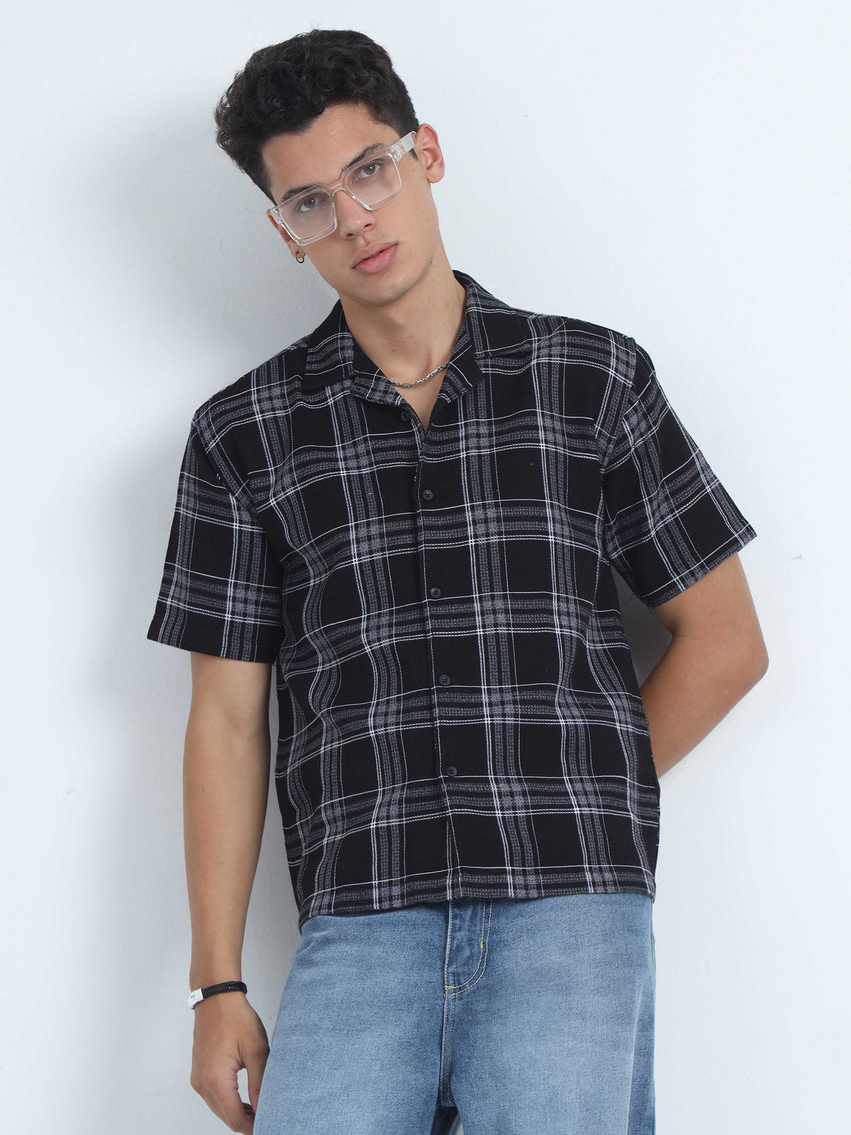 Men Checks Jacquard Oversized Shirt-Black