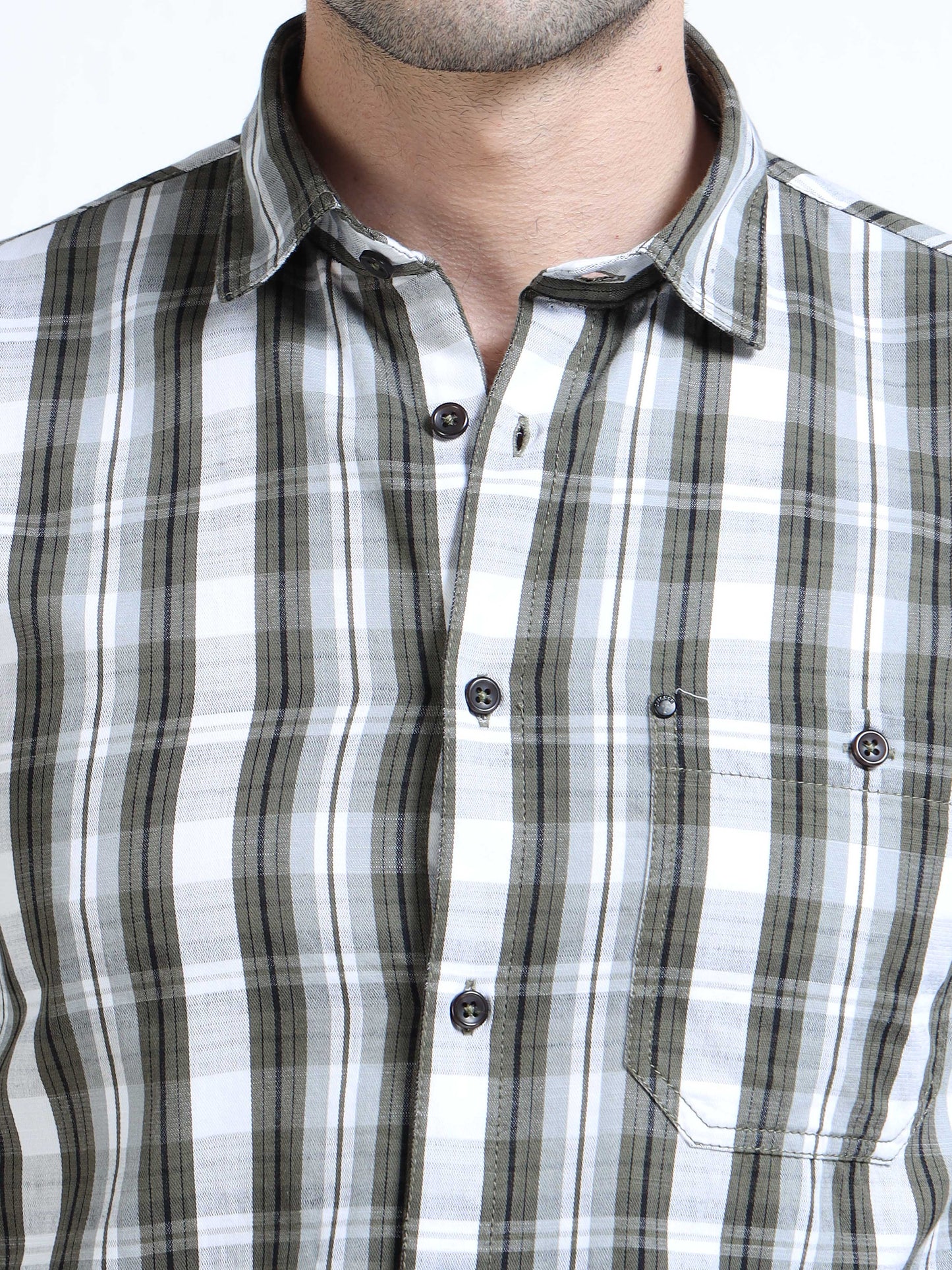Men’s Olive & White Textured Check Cotton Linen Shirt
