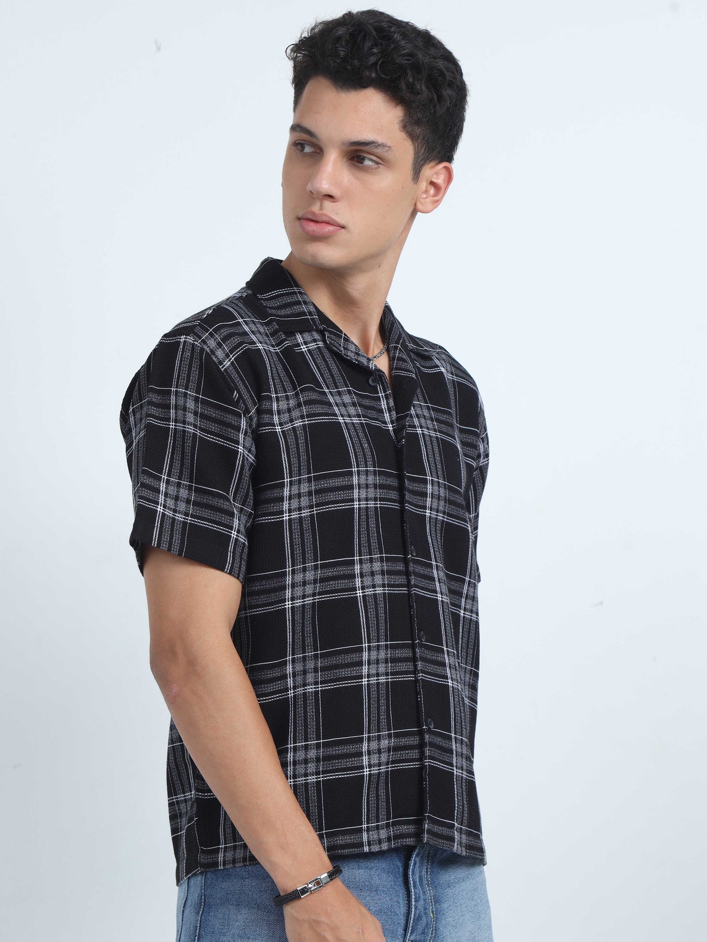 Men Checks Jacquard Oversized Shirt-Black