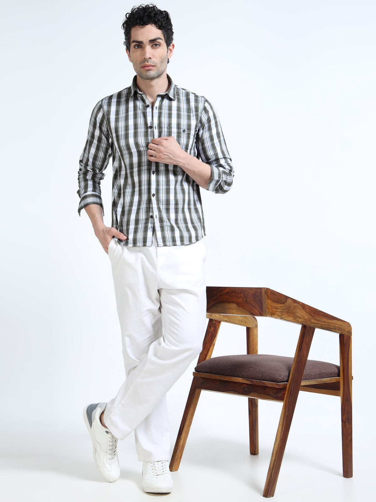 Men’s Olive & White Textured Check Cotton Linen Shirt