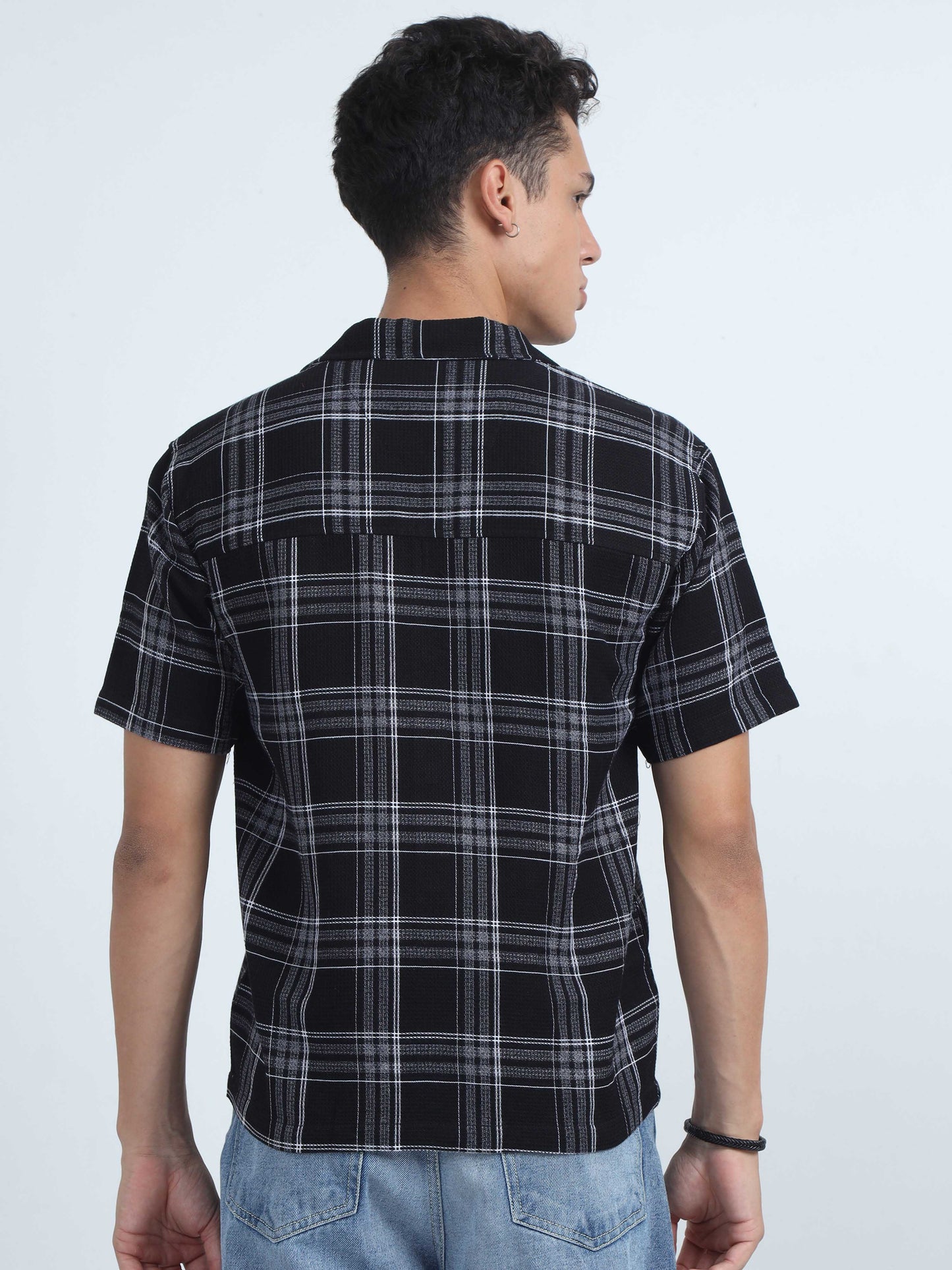 Men Checks Jacquard Oversized Shirt-Black