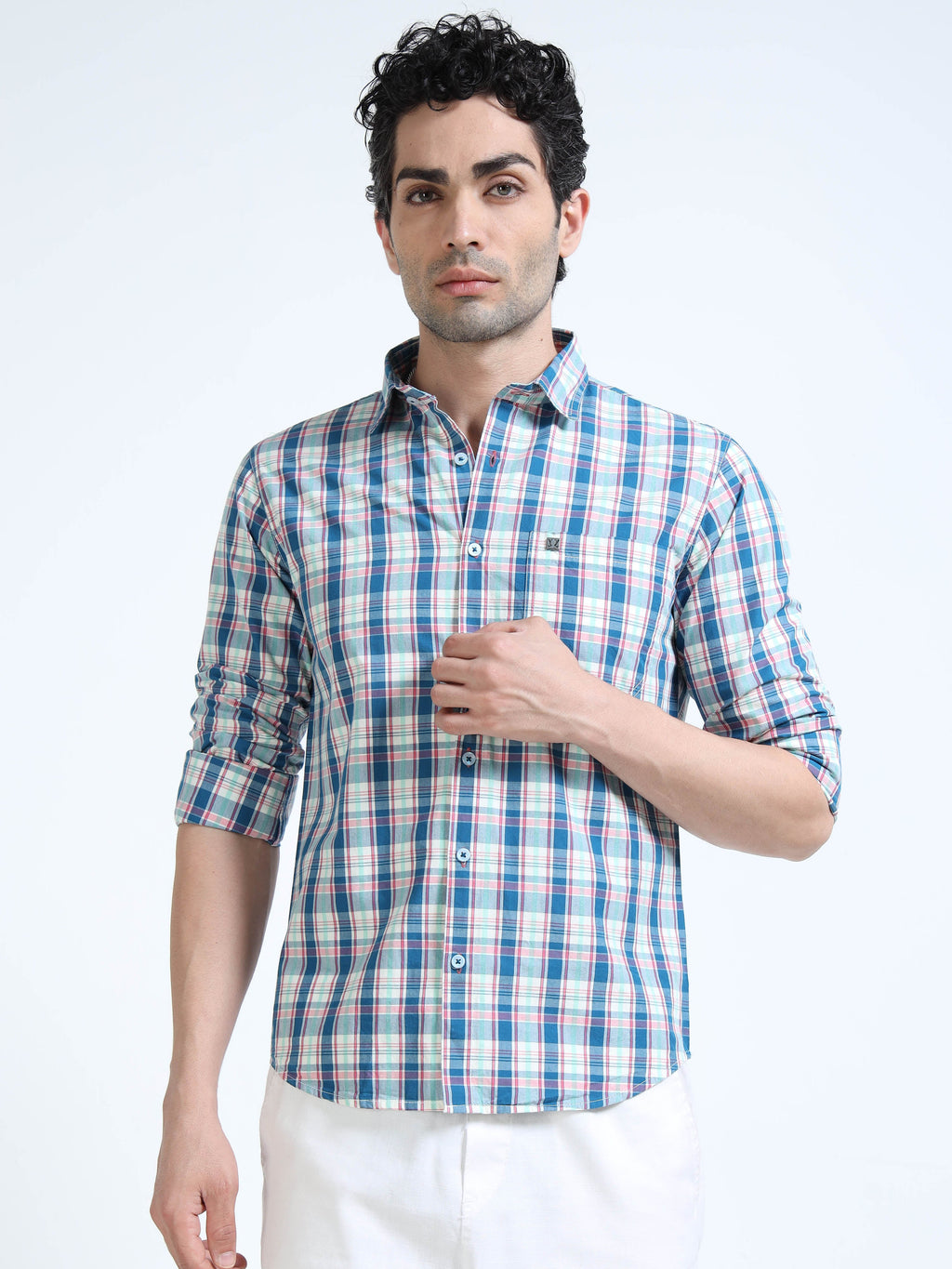 Men’s Blue, Red & White Multi-Check Cotton Linen Shirt