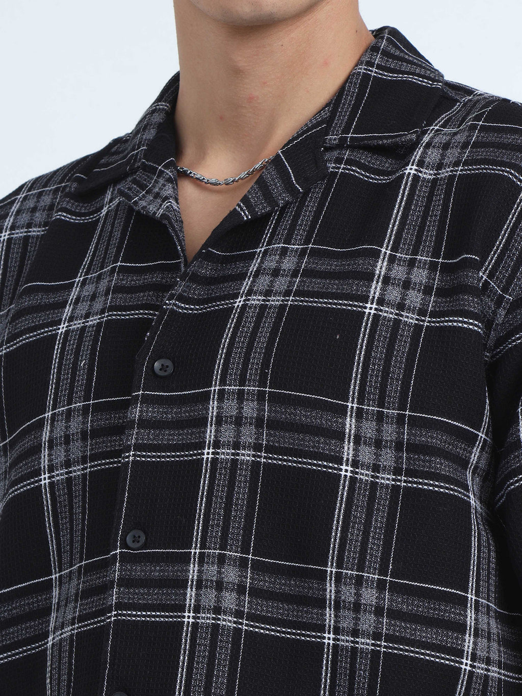 Men Checks Jacquard Oversized Shirt-Black