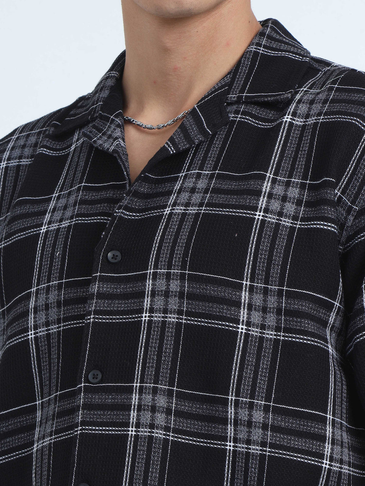 Men Checks Jacquard Oversized Shirt-Black