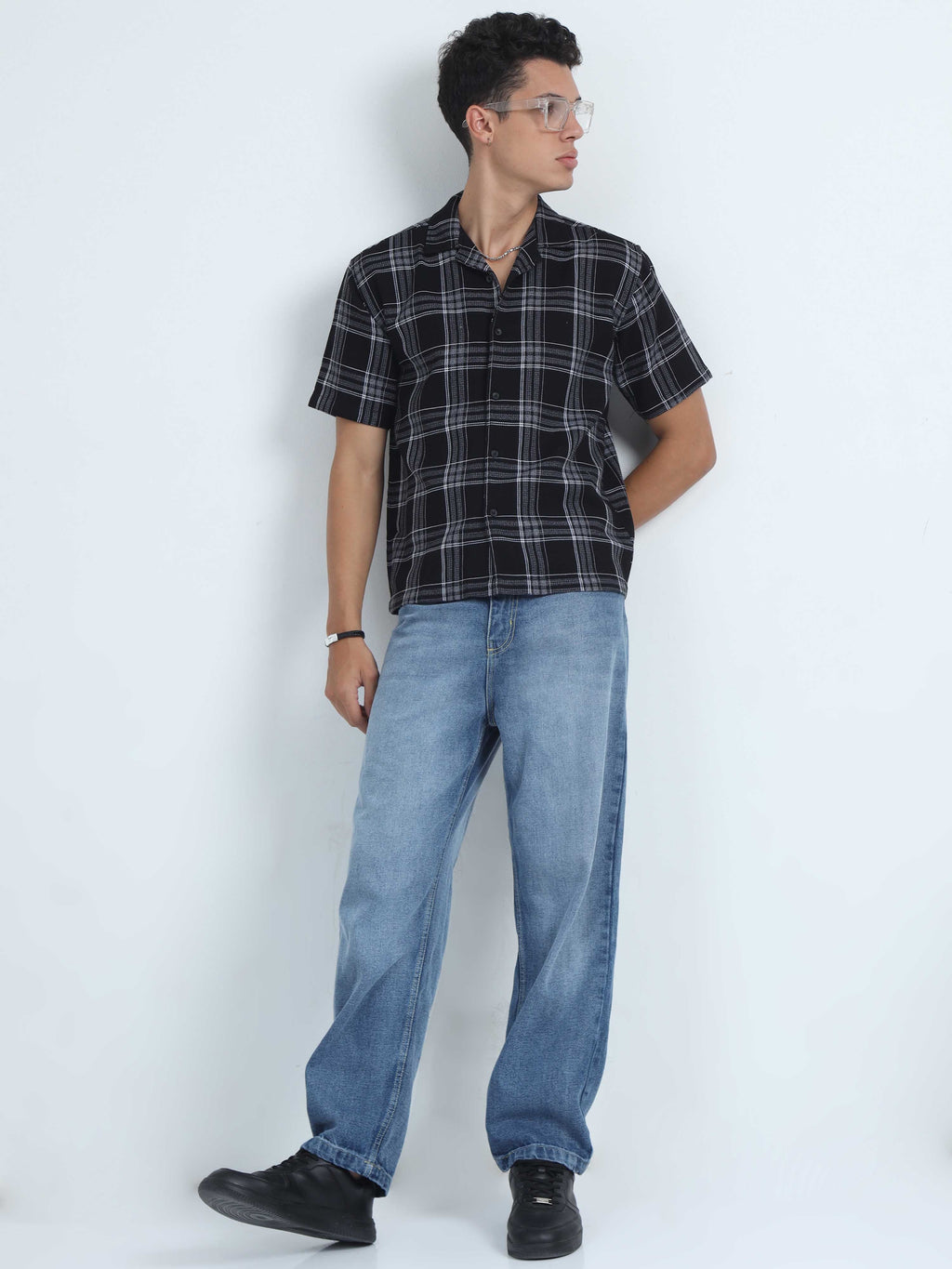 Men Checks Jacquard Oversized Shirt-Black