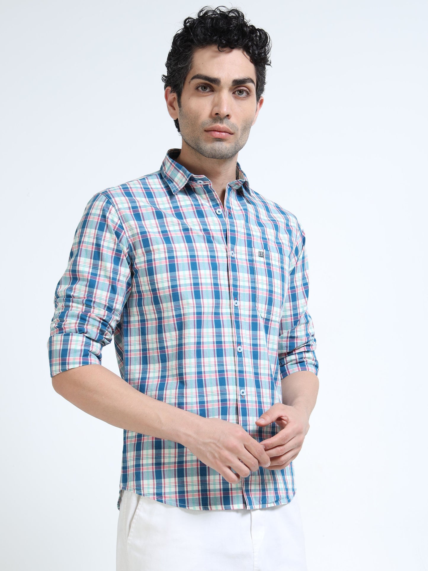 Men’s Blue, Red & White Multi-Check Cotton Linen Shirt