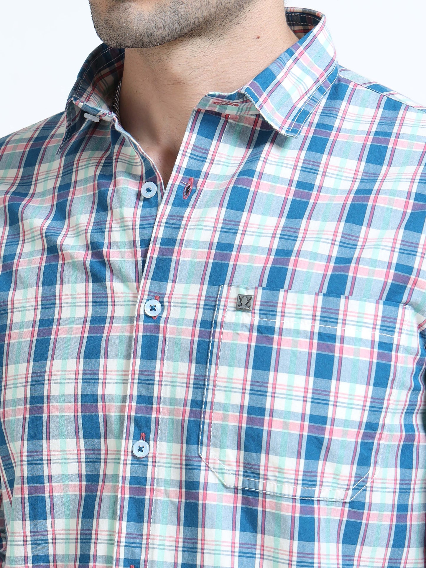 Men’s Blue, Red & White Multi-Check Cotton Linen Shirt