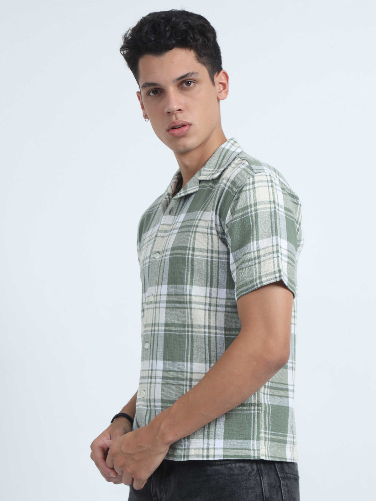 Men Checks Jacquard Oversized Shirt-Green