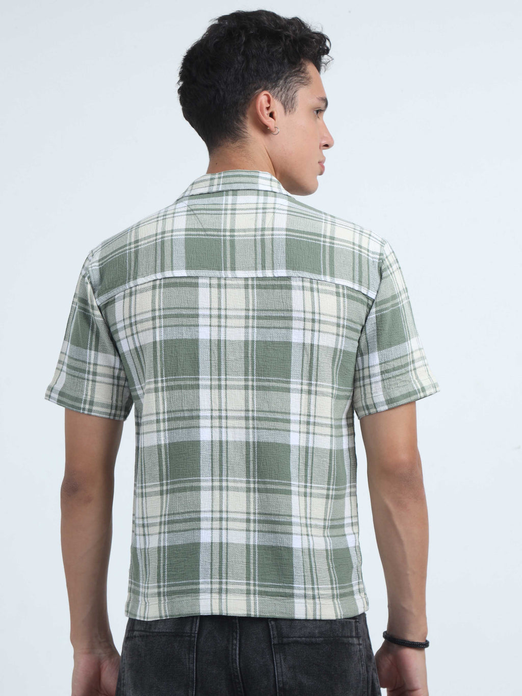 Men Checks Jacquard Oversized Shirt-Green