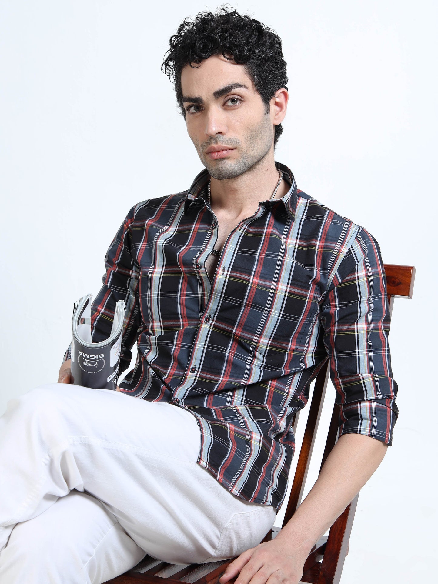 Men’s Black & Red Check Cotton Linen Shirt