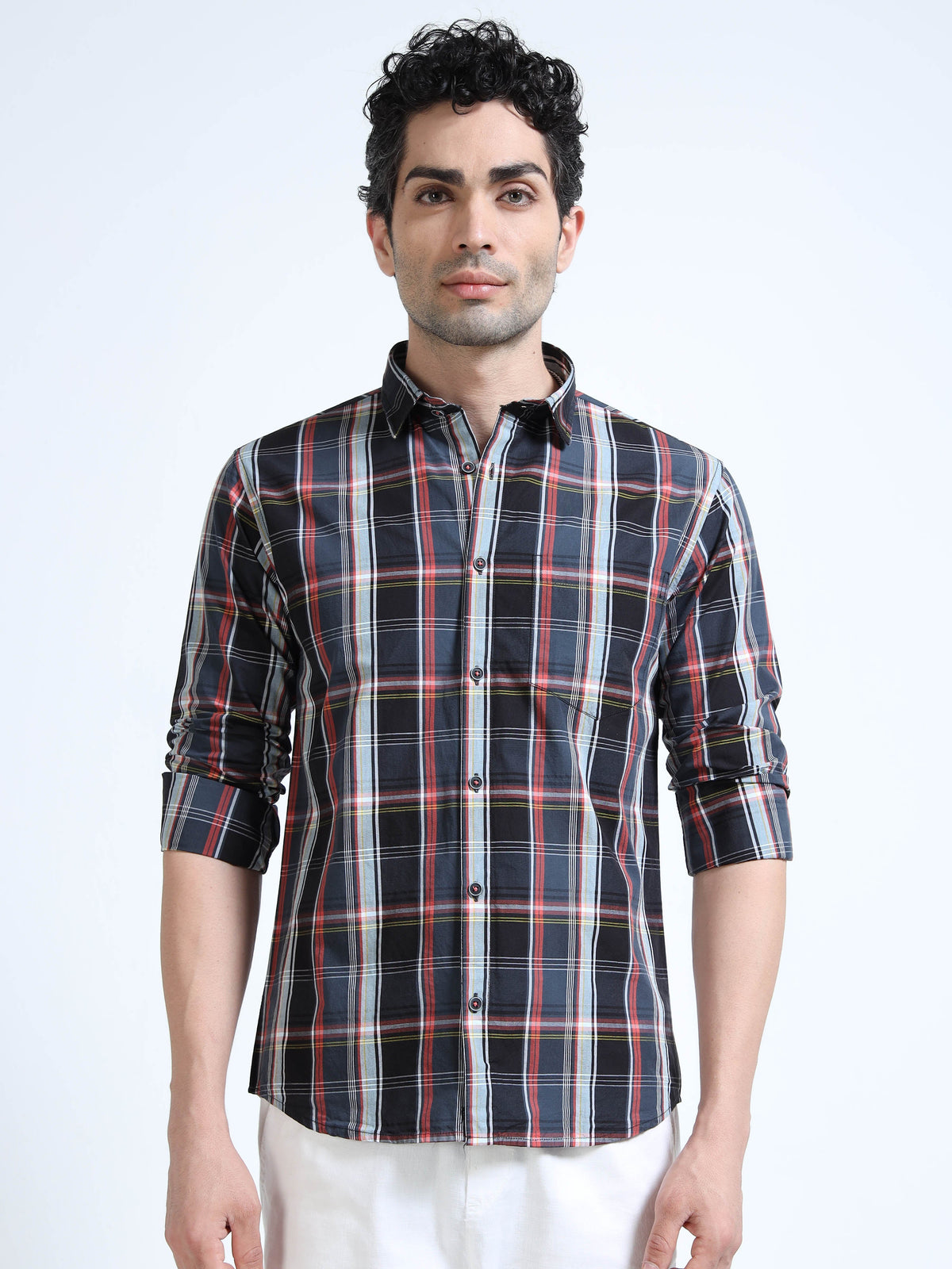 Men’s Black & Red Check Cotton Linen Shirt
