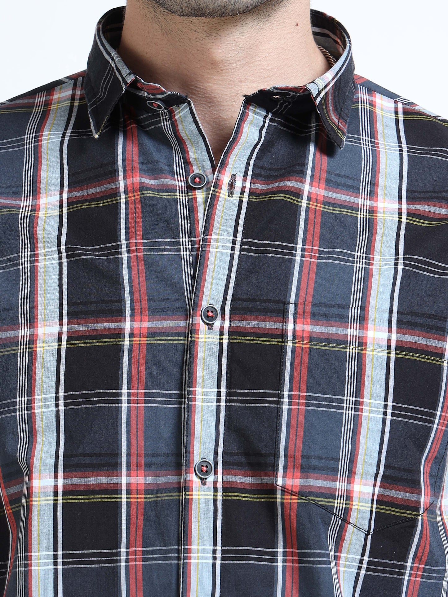 Men’s Black & Red Check Cotton Linen Shirt